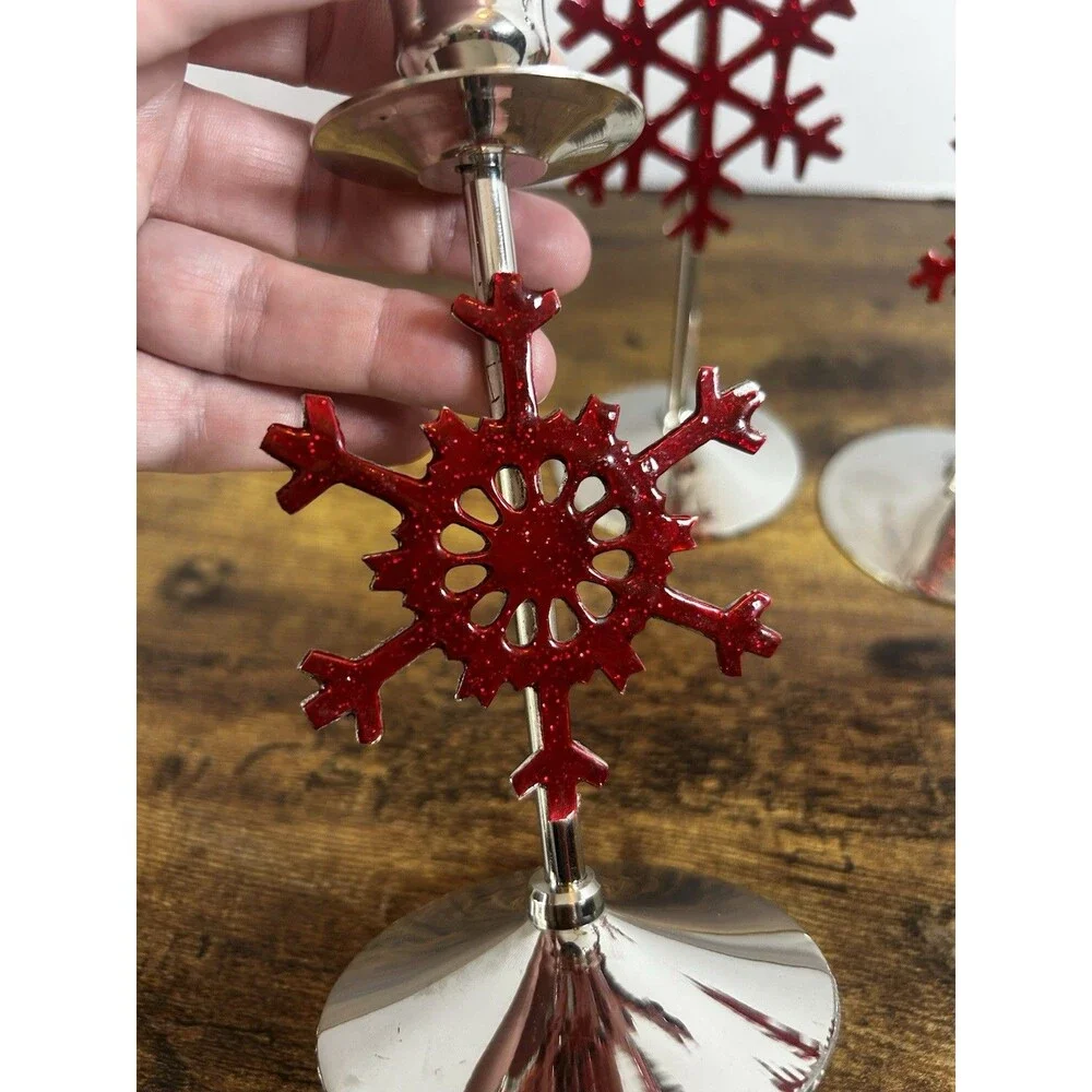 International Silver Red Snowflake Candle Holders Set 3 Christmas Holiday Decor